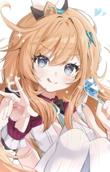 1girl :p ahoge apron blonde_hair blue_eyes chef_hat escoffier_(genshin_impact) frilled_cuffs genshin_impact geumxxi hair_between_eyes hashtag-only_commentary hat heart heart_in_eye highres holding holding_ladle ladle long_hair looking_at_viewer smile solo sparkle symbol_in_eye tongue tongue_out upper_body white_apron white_background white_hat