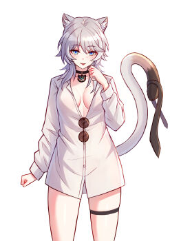 1girl absurdres animal_ear_fluff animal_ears black_choker black_necktie blue_eyes breasts cat_ears cat_girl cat_tail choker cipher_(honkai:_star_rail) commentary eyewear_hang grey_hair highres holding holding_with_tail honkai:_star_rail honkai_(series) jimpu6 large_breasts looking_at_viewer mole mole_on_breast necktie no_pants prehensile_tail shirt short_hair_with_long_locks simple_background skindentation solo symbol-only_commentary tail thigh_strap thighs unworn_eyewear white_background white_shirt