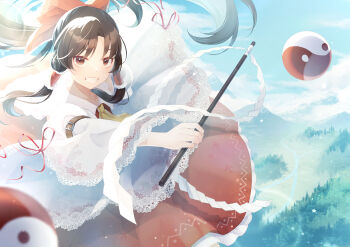 1girl absurdres arm_belt ascot belt blue_sky bow brown_belt brown_eyes brown_hair cloud commentary_request detached_sleeves floral_print_sleeves flying fog forest frilled_hair_tubes frilled_shirt_collar frills gohei grin hair_bow hair_tubes hakurei_reimu highres holding holding_gohei lace-trimmed_sleeves lace_trim light_particles long_hair looking_at_viewer mountainous_horizon nature open_mouth orb outstretched_arm petticoat ponytail red_bow red_skirt shinketsu_kanyu skirt sky smile solo star_(symbol) touhou yellow_ascot yin_yang yin_yang_orb