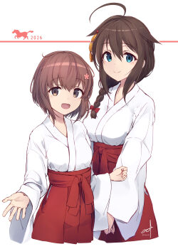 2026 2girls :d blue_eyes bow braid breasts brown_eyes brown_hair chinese_zodiac commentary_request cowboy_shot cropped_legs double-parted_bangs flower hair_between_eyes hair_bow hair_flower hair_ornament hair_over_shoulder hakama hakama_skirt height_difference highres horse japanese_clothes kantai_collection kimono long_hair long_sleeves looking_at_viewer medium_breasts medium_hair miko minosu multiple_girls open_mouth red_eyes shigure_(kancolle) shigure_kai_san_(kancolle) sidelocks signature simple_background single_braid skirt small_breasts smile twitter_username white_background white_kimono wide_sleeves year_of_the_horse yukikaze_(kancolle)
