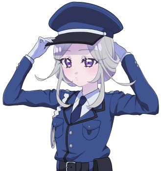 Rule 34 | 1girl, adjusting clothes, adjusting headwear, aiguillette, alternate hairstyle, belt, black belt, blue hat, blue jacket, blue necktie, closed mouth, disguise, dress shirt, gloves, grey hair, hair up, hat, highres, jacket, light frown, long sleeves, mame hiyooooko, meitantei precure!, moria luluka, necktie, peaked cap, precure, purple eyes, security guard, shirt, simple background, solo, upper body, white background, white gloves, white shirt, wing collar