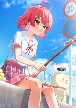 35p_(sakura_miko) absurdres bandaid bandaid_on_leg blue_sky cat_hair_ornament chestnut_mouth day fishing fishing_rod green_eyes hair_ornament hairclip highres holding holding_fishing_rod hololive light_blush looking_ahead midriff_peek outdoors parallel_hairclips pink_hair pink_skirt road_sign sailor_collar sakura_miko sakura_miko_(school_uniform) shiotsuke_sasami shirt short_hair sign sitting skirt sky thigh_strap virtual_youtuber white_sailor_collar white_shirt