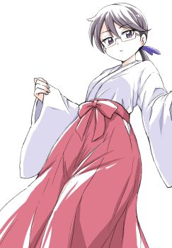 1girl black_eyes black_hair bow commentary from_below glasses hakama hakama_skirt highres japanese_clothes karasuma_(wonderful_precure!) kimono looking_at_viewer miko parted_lips pinching_sleeves ponytail precure red_bow red_hakama semi-rimless_eyewear simple_background skirt solo standing uraki white_background white_kimono wide_sleeves wonderful_precure!