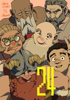 6+boys aged_down bald beard big_nose black_eyes black_hair braid braided_beard brigan_of_izganda brown_eyes brown_hair dated dungeon_meshi dwarf episode_number facial_hair fake_horns gillin_of_izganda glasses green_eyes grey_hair hand_up helmet highres holding horned_helmet horns invar_of_izganda long_beard looking_at_viewer male_focus multiple_boys mustache null_milchain open_mouth orange_background red_eyes red_hair senshi_(dungeon_meshi) shirt short_hair simple_background smile tamura_eimi thick_mustache totan_of_dozahk waving