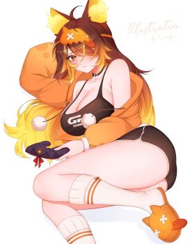 1girl absurdres ahoge animal_ears arm_behind_head artist_name ass bare_shoulders blonde_hair blush breasts brown_hair commentary controller embarrassed english_commentary eye_mask feet_out_of_frame gradient_hair highres hood hoodie jacket jewelry large_breasts long_hair mask mask_on_head multicolored_hair necklace on_floor one_eye_covered orange_eyes orange_hair pajamas shoes shorts sinder_(vtuber) socks virtual_youtuber white_background white_socks woudu00e9 yellow_eyes