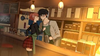1boy 1girl absurdres amamiya_ren apron black_hair black_shirt cafe ceiling_light coffee_pot couple glasses grey_eyes highres kinphyre light_blush non-web_source persona persona_3 persona_3_portable persona_5 red_eyes red_hair red_skirt shiomi_kotone shirt skirt