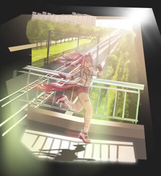 absurdres animal_ears bandaid bandaid_on_leg blush buruma ceramicnoise collarbone commentary day english_commentary fingerless_gloves full_body gloves hairband haru_urara_(bestest_prize)_(umamusume) haru_urara_(umamusume) highres horse_ears horse_girl horse_tail jacket long_hair open_clothes open_jacket pink_hair ponytail railroad_tracks red_buruma red_eyes red_gloves red_hairband running shirt shoes short_sleeves socks striped_clothes striped_socks sweat tail umamusume white_jacket white_shirt white_shoes