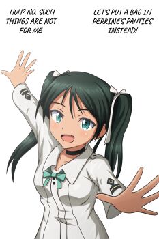 1girl absurdres blush breasts confession fang francesca_lucchini green_eyes green_hair hattorin highres long_hair looking_at_viewer military_uniform open_mouth simple_background small_breasts smile solo strike_witches twintails white_background world_witches_series