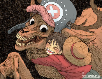 2boys alternate_form animal_ears animal_nose antlers horns_through_headwear artist_name black_background black_eyes black_hair blush brown_background closed_eyes cryptid dark_background feriowind happy hat horns hug looking_at_another lowres male_focus monkey_d._luffy monster multiple_boys one_piece open_mouth reindeer_antlers short_hair size_difference smile straw_hat teeth tony_tony_chopper unworn_hat unworn_headwear