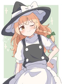 1girl absurdres apron back_bow black_hat black_skirt black_vest blonde_hair blush bow braid closed_mouth commentary_request green_bow hair_bow hat hat_bow haya_s2 highres kirisame_marisa looking_at_viewer one_eye_closed puff_of_air puffy_short_sleeves puffy_sleeves short_sleeves side_braid single_braid skirt smile smug solo touhou vest waist_apron white_apron white_bow witch_hat yellow_eyes