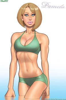 1girl arms_at_sides artist_name bikini blue_eyes breasts brown_hair character_name cleavage closed_mouth collarbone cowboy_shot earrings eyeliner green_bikini jewelry john_persons linea_alba looking_at_viewer makeup medium_hair navel skinny small_breasts sports_bikini sports_bra standing swept_bangs swimsuit theofficialpit thick_lips wading watermark web_address