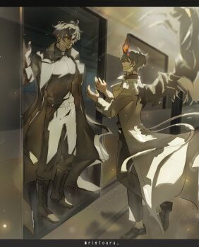 2boys black_coat black_hair black_shirt black_wings coat colored_veins curtained_hair demon_horns doorway feathered_wings full_body grin head_tilt highres horns kim_dokja letterboxed light_particles light_rays looking_at_another male_focus multiple_boys official_alternate_costume omniscient_reader's_viewpoint open_clothes open_coat outstretched_arms popped_collar rintouru_2 shirt short_hair smile standing standing_on_one_leg train train_interior white_coat wings yoo_joonghyuk