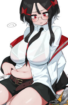 ... 1girl artist_self-insert belly belly_grab belt black_hair blush bra_visible_through_clothes breasts collared_shirt dress_shirt glasses hair_between_eyes highres hizake_mozu huge_breasts jacket long_sleeves navel necktie open_mouth original pinching plump red_eyes see-through_clothes see-through_shirt shirt short_hair_with_long_locks sidelocks simple_background skirt solo speech_bubble spoken_ellipsis thighs weight_conscious white_shirt