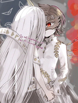 Rule 34 | 2girls, asymmetrical wings, biyon, black dress, brown hair, brown mask, commentary request, dress, eye mask, eye print, fiery wings, half mask, holding hands, iwanaga ariya, long hair, long sleeves, mask, mask over one eye, multiple girls, ribbon around body, shirt, short hair, skeletal clothes, skeletal wings, touhou, very long hair, watermark, white shirt, wings, yuiman asama, yuri