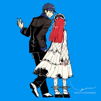 Rule 34 | 1boy, 1girl, baseball cap, black hair, black jacket, black pants, blue background, blush, closed eyes, dress, facing another, frilled hairband, frills, from behind, full body, gekkoukan high school uniform, hair ornament, hairband, hand in pocket, haruhashi, hat, highres, iori junpei, jacket, lolita fashion, long hair, long sleeves, pants, persona, persona 3, red hair, school uniform, signature, standing, walking, white dress, yoshino chidori