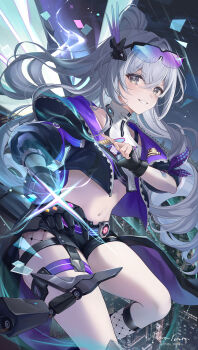 1girl absurdres asymmetrical_gloves black_gloves commentary crossed_bangs drill_hair eyewear_on_head fingerless_gloves fishnet_kneehighs fishnet_socks fishnets floating_hair gloves goggles grey_eyes grey_hair hair_between_eyes harukix highres honkai:_star_rail honkai_(series) jacket kneehighs long_hair looking_at_viewer mechanical_tail mismatched_gloves navel official_alternate_costume open_clothes open_jacket parted_lips ponytail shorts silver_wolf_(honkai:_star_rail) silver_wolf_(lv.999)_(honkai:_star_rail) single_fingerless_glove single_kneehigh single_mechanical_glove single_sock socks stomach tail tinted_eyewear very_long_hair