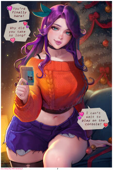 1girl abigail_(stardew_valley) black_choker blue_eyes breasts choker commentary denim denim_shorts earrings english_commentary english_text hair_ribbon highres holding jewelry large_breasts long_hair looking_at_viewer navel prywinko purple_hair ribbon shirt shorts single_thighhigh smile solo stardew_valley stomach sweater thighhighs