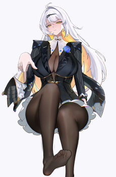 1girl absurdres ahoge black_pantyhose black_unitard blonde_hair blue_flower blue_rose bodystocking breasts cleavage closed_mouth colored_inner_hair commentary english_commentary flower highres large_breasts long_hair looking_at_viewer multicolored_hair nervi_fd official_alternate_costume pantyhose pointing pointing_down rose simple_background single_hair_intake solo thighs white_background yellow_eyes yixuan_(trails_of_ink)_(zenless_zone_zero) yixuan_(zenless_zone_zero) zenless_zone_zero