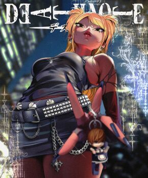 1girl absurdres amane_misa armpit_crease belt wallet_chain blonde_hair chain cross cross_necklace death_note earrings eyelashes from_below goth_fashion highres jewelry lips long_hair m7radgalaxy miniskirt necklace short_twintails skirt sparkle studded_belt tank_top twintails visual_kei yagami_light
