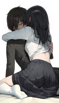 1boy 1girl absurdres black_hair black_jacket black_skirt blurry blurry_background blush chitanda_eru clothes_lift commentary dated_commentary ear_blush gakuran green_eyes groping hetero highres hug hwan_(verypoor) hyouka jacket kneehighs long_hair looking_at_another median_furrow oreki_houtarou pleated_skirt school_uniform serafuku shirt_lift simple_background sitting skirt socks straight_hair sweat white_background white_socks