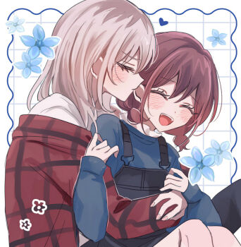 Rule 34 | 2girls, black skirt, blue flower, blue shirt, blush, closed eyes, closed mouth, commentary, flower, girls band cry, grey hair, grid background, hamchan69, highres, hug, hug from behind, iseri nina, kawaragi momoka, long hair, long sleeves, multiple girls, open clothes, open mouth, open shirt, plaid clothes, plaid shirt, red hair, red shirt, shirt, short twintails, skirt, smile, suspender skirt, suspenders, twintails, white background, white shirt, yuri