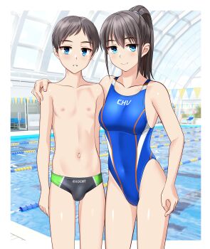1boy 1girl absurdres age_difference black_hair black_swim_briefs blue_eyes blue_one-piece_swimsuit breasts brother_and_sister bulge competition_swimsuit covered_navel cowboy_shot hand_on_another's_shoulder highleg highleg_one-piece_swimsuit highres indoors lane_line male_swimwear medium_breasts navel one-piece_swimsuit onee-shota original parted_bangs ponytail pool siblings smile swimsuit takafumi variant_set