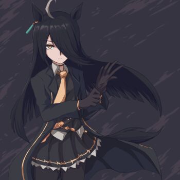 1girl adjusting_clothes adjusting_necktie ahoge animal_ears black_choker black_coat black_gloves black_hair black_pantyhose black_shirt black_skirt choker closed_mouth coat collared_shirt commentary_request ear_tag earrings gloves hair_between_eyes hair_over_one_eye highres horse_ears horse_girl horse_tail jewelry long_bangs long_hair long_hair_between_eyes long_sleeves looking_at_viewer manhattan_cafe_(creeping_shadow)_(umamusume) manhattan_cafe_(umamusume) multicolored_hair necktie pantyhose shirt single_earring skirt solo tail umamusume white_hair windg0 yellow_eyes yellow_necktie