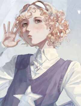 Rule 34 | 1other, absurdres, androgynous, black wings, blonde hair, blue sky, brown-framed eyewear, brown eyes, collared shirt, commentary, curly hair, day, dress shirt, expressionless, freckles, goggles, goggles on head, hand on own face, hashtag-only commentary, hatsburg, high collar, highres, jewelry, len'en, light blush, lips, long sleeves, looking at viewer, magnet, missing headwear, nostrils, other focus, outdoors, parted lips, pendant, pink lips, print vest, purple vest, realistic, shirt, short hair, sky, sleeves past wrists, solo, star (symbol), star print, sweater vest, teeth, tree, umatachi tsugumi, upper body, v-neck, vest, white shirt, wings