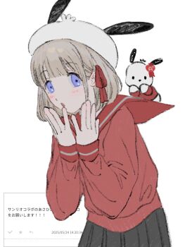 Rule 34 | 1girl, :o, absurdres, bad id, bad twitter id, beret, black skirt, blue eyes, grey hair, hair ribbon, hands up, hat, highres, idolmaster, idolmaster shiny colors, long sleeves, looking at viewer, odaibako, open mouth, pleated skirt, pochacco, red ribbon, red shirt, request inset, ribbon, sanrio, serizawa asahi, shirt, short hair, simple background, skirt, solo, standing, subro, translation request, white background, white hat