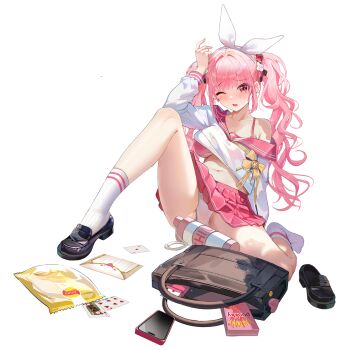 1girl ace_(playing_card) ace_of_hearts animal_ear_hairband animal_ears ankle_socks artist_request badge bag black_shoes bottle bow bowtie bra bra_peek brand_name_imitation breasts button_badge card cellphone chips_(food) collarbone earrings fake_animal_ears fallen_down flower_hairtie food game_cg hairband hand_on_own_head heart highres hoshimiya_kana hoshimiya_kana_(fateful_meetup) jack_(playing_card) jack_of_hearts jewelry lay's_(potato_chips) letter logo_parody long_hair long_sleeves looking_at_viewer midriff navel non-web_source official_alternate_costume official_art open_mouth panties pantyshot phone pink_bra pink_eyes pink_sailor_collar pink_skirt playing_card pleated_skirt pocky poker_fate potato_chips rabbit_ear_hairband rabbit_ears sailor_collar school_uniform serafuku shirt shoes shoulder_bag single_off_shoulder single_shoe six_of_hearts skirt socks solo star_(symbol) star_earrings tearing_up thighs transparent_background underboob underwear unworn_shoes water_bottle white_panties white_serafuku white_shirt white_socks yellow_bow yellow_bowtie