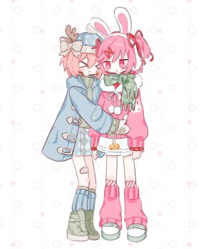 Rule 34 | > <, 2girls, alternate costume, bandaid, bandaid on leg, beanie, bell, blue hat, blue jacket, blue leg warmers, blue skirt, blush, boots, bow, closed eyes, commentary request, doki doki literature club, drawstring, earmuffs, green boots, green scarf, green sweater, hair between eyes, hair ornament, hair ribbon, hat, hood, hood down, hooded jacket, hug from side, jacket, korean commentary, leg warmers, long sleeves, mittens, multiple girls, natsuki (doki doki literature club), open clothes, open jacket, open mouth, patch, pink eyes, pink hair, pink jacket, pink leg warmers, poipoimelong, pom pom (clothes), pom pom drawstring, rabbit earmuffs, red ribbon, ribbon, sayori (doki doki literature club), scarf, shoes, short hair, skirt, socks, standing, sweater, two side up, white mittens, white shoes, white skirt, winter clothes