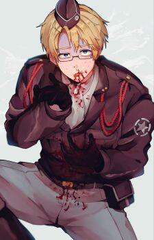 1boy ahoge aiguillette america_(hetalia) ascot axis_powers_hetalia belt black-framed_eyewear black_belt black_gloves blonde_hair blood blood_on_clothes blood_on_face blue_eyes boots breast_pocket brown_boots brown_hat brown_jacket commentary_request cowboy_shot empty_eyes glasses gloves grey_pants hair_between_eyes hands_up hat highres jacket lapels long_sleeves looking_at_viewer male_focus military military_hat military_jacket military_uniform nosebleed open_mouth pants pocket semi-rimless_eyewear senzodaidai shirt short_hair simple_background sitting solo spread_legs star_(symbol) star_ornament star_print sweat teeth united_states_army white_ascot white_background white_shirt