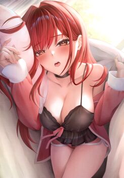 1girl :o babydoll black_babydoll black_choker breasts cameltoe choker cleavage collarbone goddess_of_victory:_nikke highres large_breasts long_hair looking_at_viewer lying official_alternate_costume on_side pillow pink_nails pink_shorts rapi_(nikke) rapi_(red_hood)_(cherished_red)_(nikke) rapi_(red_hood)_(nikke) red_eyes red_hair shorts solo tsukkyi07 very_long_hair