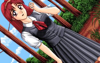 Rule 34 | 1990s (style), 1995, 1girl, bow, bowtie, breasts, cloud, forest, grass, hairband, hand up, hoshi no suna monogatari 3, indoors, long hair, looking at viewer, nature, non-web source, open mouth, pc-98 (style), pixel art, red eyes, red hair, retro artstyle, school uniform, shima (d.o.), skirt, sky, standing, tree