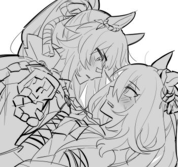 2girls animal_ears arm_ribbon bandaid bandaid_on_face bandaid_on_nose blush coat commentary_request crescent crescent_hair_ornament ear_ornament ear_scrunchie face-to-face fang from_side greyscale hair_between_eyes hair_ornament hand_on_another&#039;s_shoulder highres hishi_amazon_(azure_amazon)_(umamusume) hishi_amazon_(umamusume) horse_ears hwipa_(param_blue) korean_commentary long_hair lying lying_on_person monochrome multiple_girls narita_brian_(maverick)_(umamusume) narita_brian_(umamusume) o-ring on_back open_clothes open_coat pointy_nose ponytail ribbon rope scrunchie shimenawa shirt shoulder_pads simple_background sleeveless sleeveless_shirt striped_clothes striped_scrunchie sweatdrop umamusume upper_body very_long_hair white_background yuri