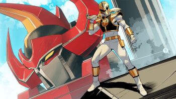 1boy armor black_armor bodysuit clenched_hand daizyuzin dan_mora dino_megazord gosei_sentai_dairanger highres holding holding_sword holding_weapon kiba_ranger mecha mighty_morphin_power_rangers mighty_morphin_white_ranger power_rangers robot solo_focus super_sentai sword tokusatsu weapon white_bodysuit