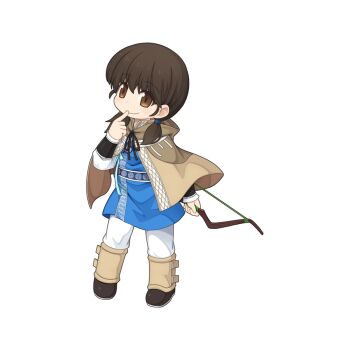 1girl black_shoes blue_tunic bow_(weapon) brown_cloak brown_eyes brown_hair chibi chibi_only cloak closed_mouth finger_to_mouth full_body holding holding_bow_(weapon) holding_weapon index_finger_raised looking_at_viewer medium_hair na_doyo official_art pants ragnarok_online shoes short_twintails simple_background smile solo transparent_background tunic twintails weapon white_pants yuichirou