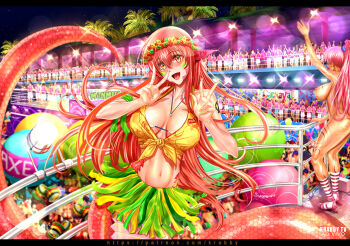 2girls 6+others alternate_costume blush brazil breasts carnival commentary cowboy_shot crop_top double_w english_commentary fingernails grass_skirt green_nails hair_between_eyes hair_ornament hairclip head_wreath krabbytheartist lamia large_breasts long_hair looking_at_viewer midriff miia_(monster_musume) monster_girl monster_musume_no_iru_nichijou multiple_girls multiple_others navel night night_sky nipples open_mouth paid_reward_available painttool_sai_(medium) patreon_username pointy_ears red_hair shirt sky slit_pupils smile solo_focus spotlight star_(sky) starry_sky tied_shirt w watermark web_address yellow_eyes yellow_shirt