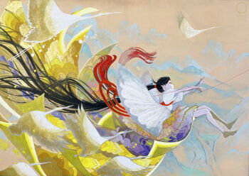 1girl absurdly_long_hair absurdres barefoot bird black_hair blonde_hair commentary_request flying full_body highres japanese_clothes kimono long_hair original ponytail profile rope shiguretau sky solo string string_of_fate traditional_media very_long_hair