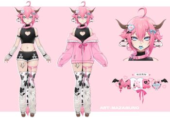 1boy ahoge animal_ears animal_print bare_shoulders black_shorts blue_eyes blue_tongue closed_mouth clothing_cutout colored_tongue commentary cow_boy cow_ears cow_horns cow_print cow_print_thighhighs cow_tail crop_top crossed_bangs double-parted_bangs english_commentary hair_between_eyes hair_ornament heart heart_cutout heart_hair_ornament highres horns indie_virtual_youtuber jacket jacket_partially_removed long_sleeves looking_at_viewer male_focus mazamuno moomoomaru_(vtuber) multiple_views open_mouth panty_straps partially_unzipped piercing pink_background pink_hair pink_jacket print_thighhighs reference_sheet second-party_source short_hair short_shorts shorts sleeves_past_fingers sleeves_past_wrists smile tail thighhighs thighs tongue tongue_out tongue_piercing trap v-shaped_eyebrows virtual_youtuber white_arm_warmers x_hair_ornament