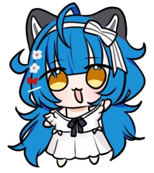 Rule 34 | 1girl, :3, ahoge, animal ears, black ribbon, blue hair, bow, chibi, chibi only, chromashift, commentary, commission, dress, english commentary, fawoot, flower, full body, hair bow, hair flower, hair ornament, hairband, hairclip, long hair, neck ribbon, open mouth, poko rakun, raccoon ears, raccoon girl, red bow, ribbon, second-party source, simple background, smile, solo, standing, twintails, virtual youtuber, waving, white background, white bow, white dress, white flower, white hairband, yellow eyes