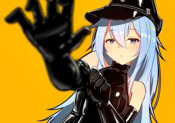 Rule 34 | 1girl, absurdres, alternate costume, black gloves, black hat, black leotard, blue eyes, blue hair, bondage outfit, commentary request, elbow gloves, flat cap, gloves, hair between eyes, hat, hibiki (kancolle), highres, kantai collection, katsuten, latex, latex gloves, latex leotard, leotard, long hair, solo, very long hair