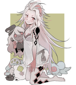 1girl absurdres ai_the_somnium_files aiba_(ai_the_somnium_files) barefoot black_panties body_markings border breasts cleavage collarbone colored_extremities commentary_request from_side green_background highres holding holding_stuffed_toy kneeling long_hair looking_at_viewer nightgown ookutsuwa_waga outside_border panties red_eyes see-through_clothes simple_background solo stuffed_animal stuffed_toy tama_(ai_the_somnium_files) underwear white_border white_hair