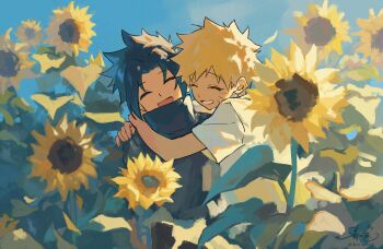 2boys absurdres arms_around_neck black_hair black_shirt blonde_hair closed_eyes commentary facial_mark field flower flower_field grin haruiro_(hrm_ino) highres hug male_focus multiple_boys naruto_(classic) naruto_(series) open_mouth parted_bangs shirt short_hair smile spiked_hair sunflower symbol-only_commentary uchiha_sasuke upper_body uzumaki_naruto whisker_markings white_shirt yaoi