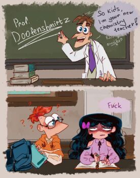 bag black_hair blue_eyes book brown_hair chalk chalkboard green_eyes heinz_doofenshmirtz highres isabella_garcia-shapiro lab_coat necktie omalikaoo phineas_and_ferb phineas_flynn purple_necktie red_hair