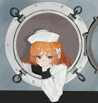 Rule 34 | 1girl, alternate eye color, black sailor collar, hat, highres, ishmael (project moon), jianbing zhizhu, limbus company, long hair, long sleeves, looking at viewer, orange eyes, orange hair, porthole, project moon, puffy long sleeves, puffy sleeves, sailor, sailor collar, sailor hat, sailor shirt, shirt, solo, very long hair, white hat, white shirt