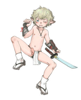 1boy character_request eirikr final_fantasy final_fantasy_xiv full_body highres male_focus one_eye_closed penis pointy_ears short_hair solo tagme white_background
