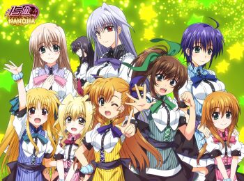 Rule 34 | 6+girls, ahoge, alicia testarossa, blonde hair, blue hair, bow, brown hair, cosplay, fuka reventon, green background, grey hair, highres, in-franchise crossover, ixveria, kawakami shuuichi, lily-strosek, lyrical nanoha, lyrical store, mahou senki lyrical nanoha force, mahou shoujo lyrical nanoha, mahou shoujo lyrical nanoha a's, mahou shoujo lyrical nanoha a's portable: the gears of destiny, mahou shoujo lyrical nanoha innocent, mahou shoujo lyrical nanoha strikers, mahou shoujo lyrical nanoha vivid, multiple girls, orange hair, presea testarossa, reinforce, scrunchie, short sleeves, smile, striped clothes, subaru nakajima, vertical-striped clothes, vivid strike!, vivio, waitress, wrist scrunchie, yuri eberwein