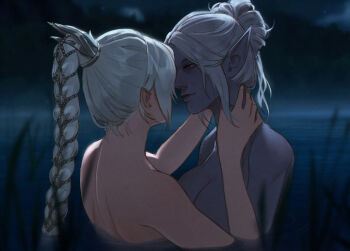 Rule 34 | 2girls, baldur's gate, baldur's gate 3, braid, breasts, colored skin, couple, dungeons & dragons, dungeons &amp; dragons, face-to-face, hair bun, hair ornament, hands on another's neck, highres, long hair, minthara, multiple girls, night, nude, outdoors, partially submerged, pointy ears, purple skin, red eyes, shadowheart (baldur's gate), short hair, shoulder blades, single braid, single hair bun, smile, upper body, vivi llain, water, white hair, yuri