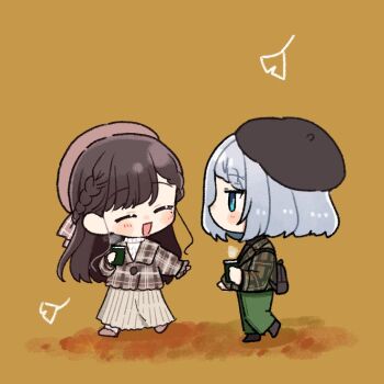 2girls asaka_kaori beret blue_eyes brown_background brown_hair brown_hat brown_jacket chibi chibi_only closed_eyes commentary_request cup green_pants grey_hair hat holding holding_cup hoshikawa_shizuku jacket kimi_to_tsuzuru_utakata long_hair medium_hair mole mole_under_eye multiple_girls open_mouth pants pink_hat shirt simple_background white_shirt yuama